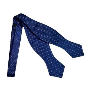 J Crew Mens Blue Bow Tie White polkadots 100% Silk 2” Adjustable